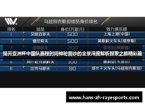 揭开亚洲杯中国队赛程时间神秘面纱的全景深度解析探索之旅精彩篇