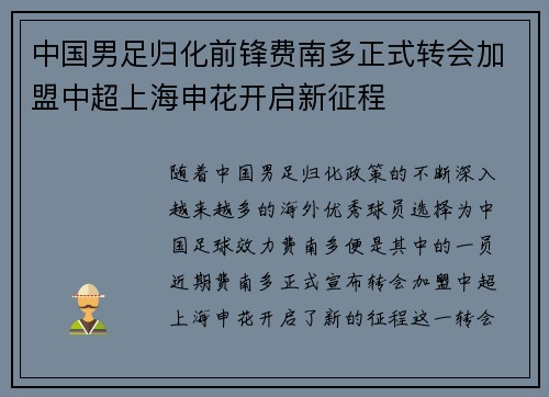 中国男足归化前锋费南多正式转会加盟中超上海申花开启新征程