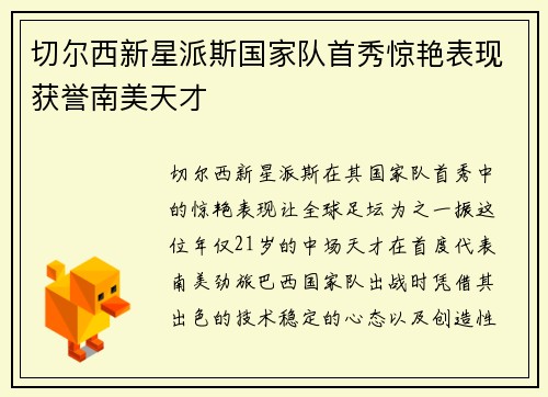 切尔西新星派斯国家队首秀惊艳表现获誉南美天才